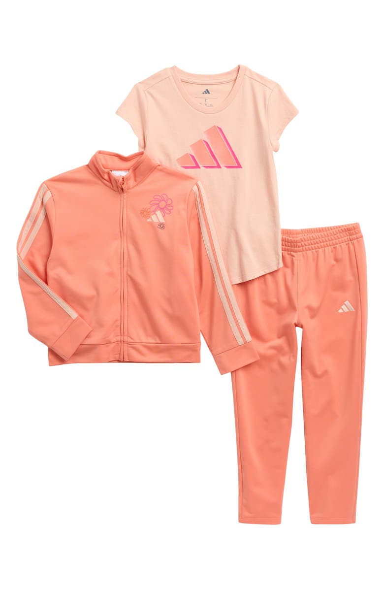 adidas Kids' 3-Piece Tricot Tracksuit & T-Shirt Set, Main, color, Semi Coral Fusion