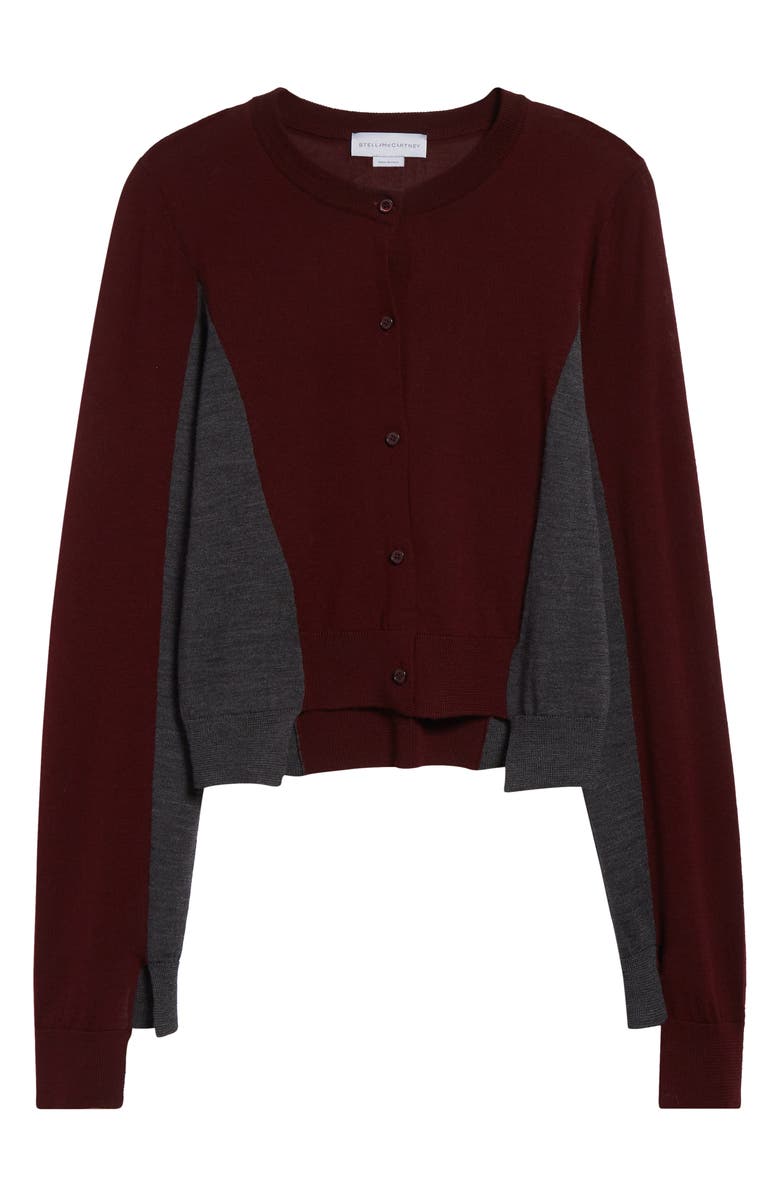 Stella McCartney Spliced Colorblock Virgin Wool Crop Cardigan, Alternate, color, Grey/ Bordeaux