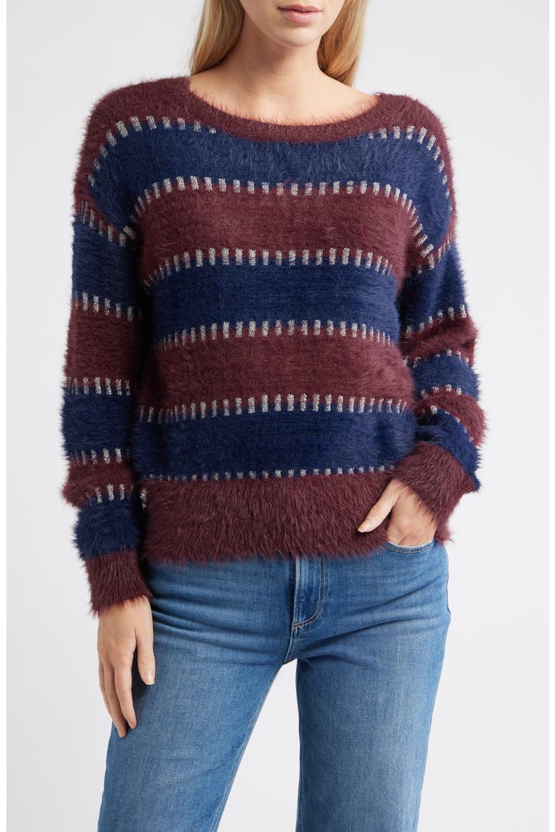 Stripe Metallic Boat Neck Sweater, Main, color, PLUM/ MIDNIGHT