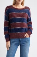 CITY BLUES Stripe Metallic Boat Neck Sweater