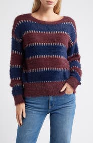 CITY BLUES Stripe Metallic Boat Neck Sweater