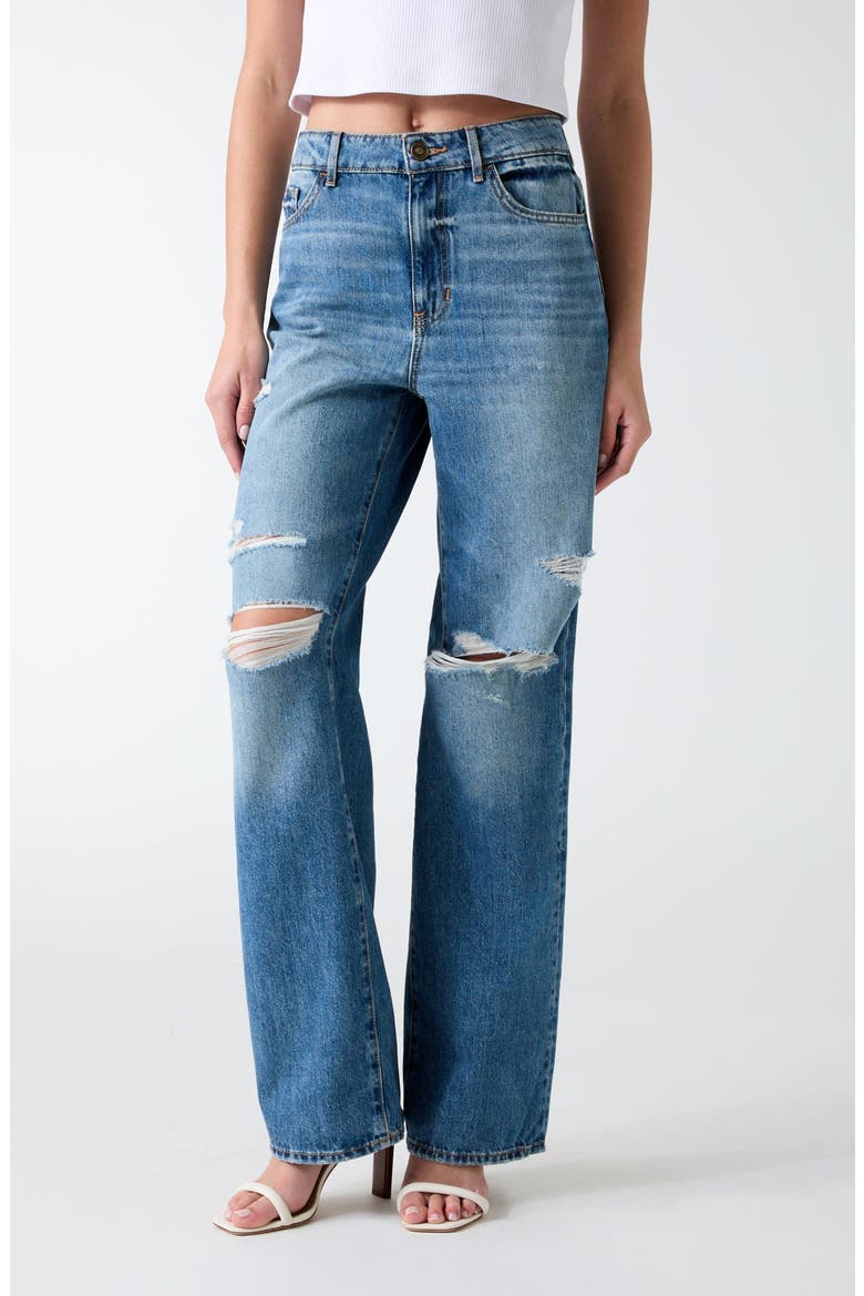 High Waist Ripped Straight Leg Jeans, Main, color, BLUE