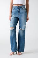 GUESS High Waist Ripped Straight Leg Jeans