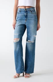 GUESS High Waist Ripped Straight Leg Jeans