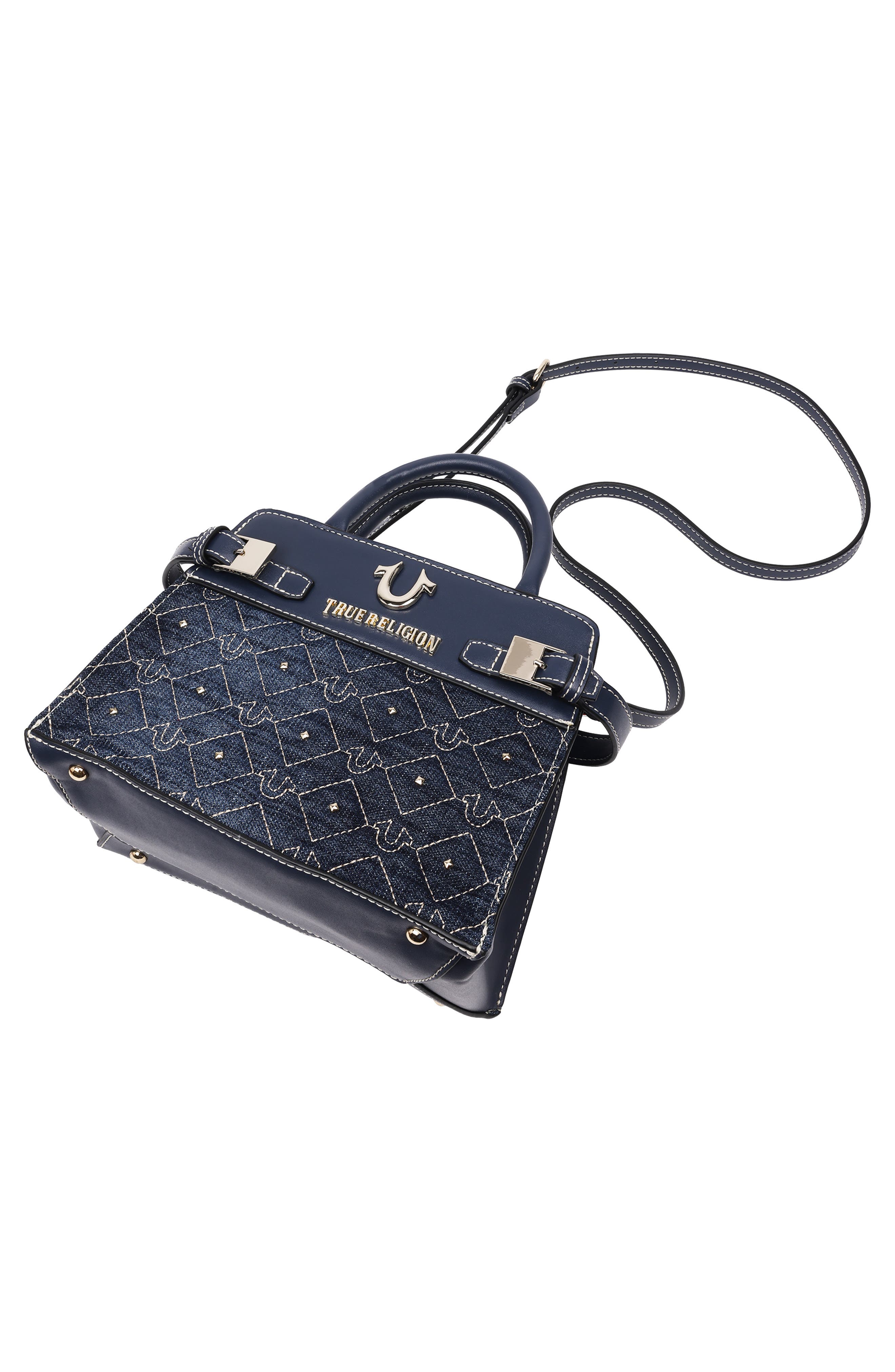 True Religion Studded Denim & Faux Leather Tote Bag, Alternate, color, 