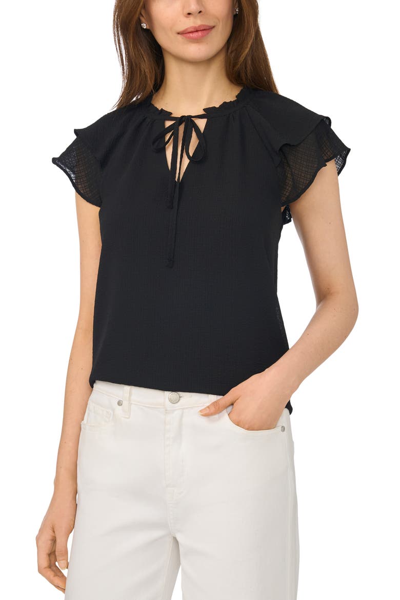 Fluttery Sleeve Tie Neck Top, Main, color, RICH BLACK