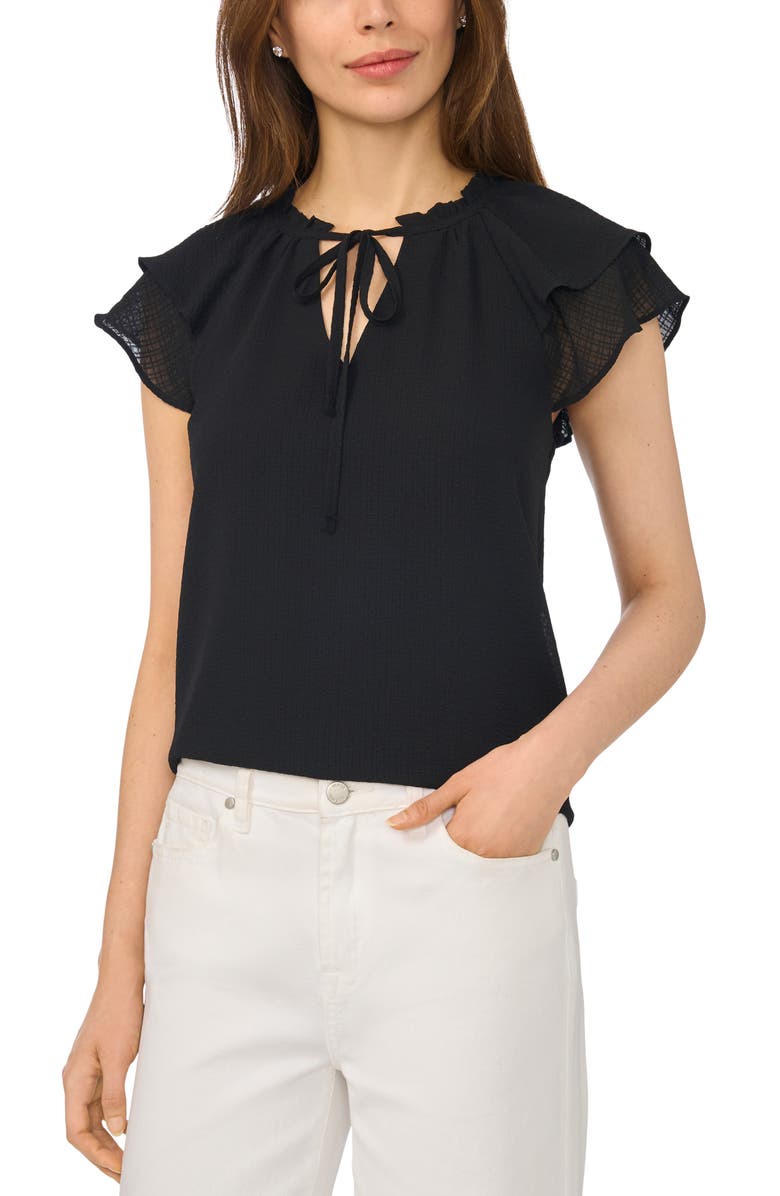 CeCe Fluttery Sleeve Tie Neck Top, Main, color, Rich Black