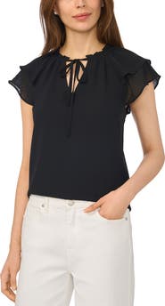 CeCe Fluttery Sleeve Tie Neck Top