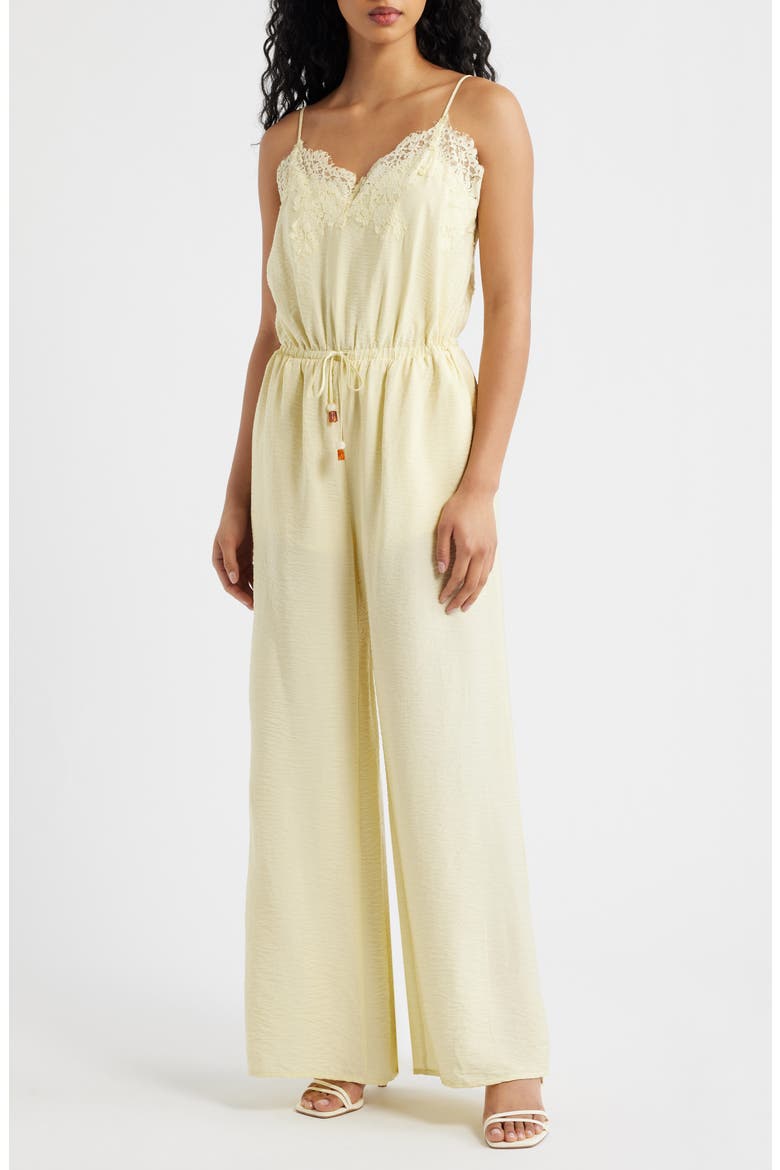 Wide Leg Lace & Satin Jumpsuit, Main, color, PASTEL YELLOW