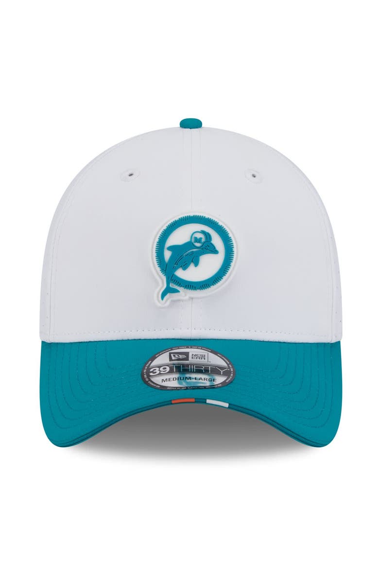 Men's New Era  White/Aqua Miami Dolphins 2025 NFL Training Camp Throwback Logo 39THIRTY Flex Hat, Alternate, color, White