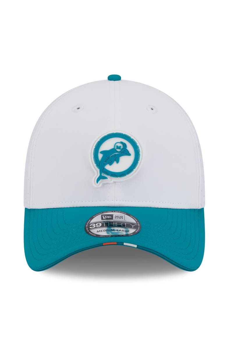 New Era Men's New Era White/Aqua Miami Dolphins 2025 NFL Training Camp Throwback Logo 39THIRTY Flex Hat, Alternate, color, White