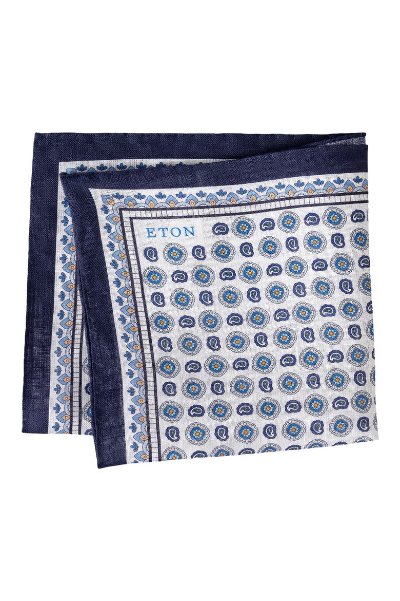Geometric Print Linen Pocket Square, Main, color, NAVY