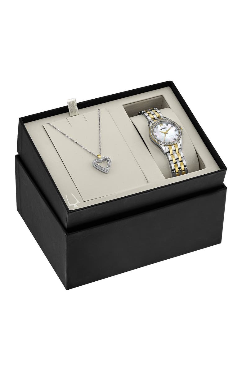 BULOVA Women's Crystal Accent Two-Tone Bracelet Watch & Heart Pendant Necklace Set, 28mm, Main, color, 