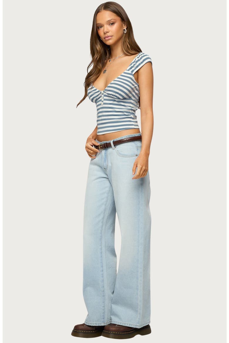 Aina Stripe V-Neck Henley Top, Alternate, color, BLUE-AND-WHITE