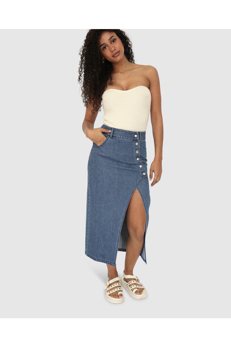 Can't Forget You Denim Midi Skirt, Alternate, color, Mid Wash