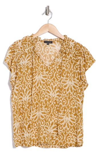 Pleione Flutter Sleeve Split Neck Top In Taupe/ecru Ikat Geo