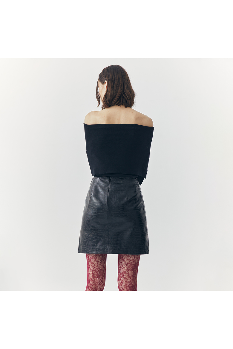 Tess Croc Embossed Leather Mini Slit Skirt, Alternate, color, Black