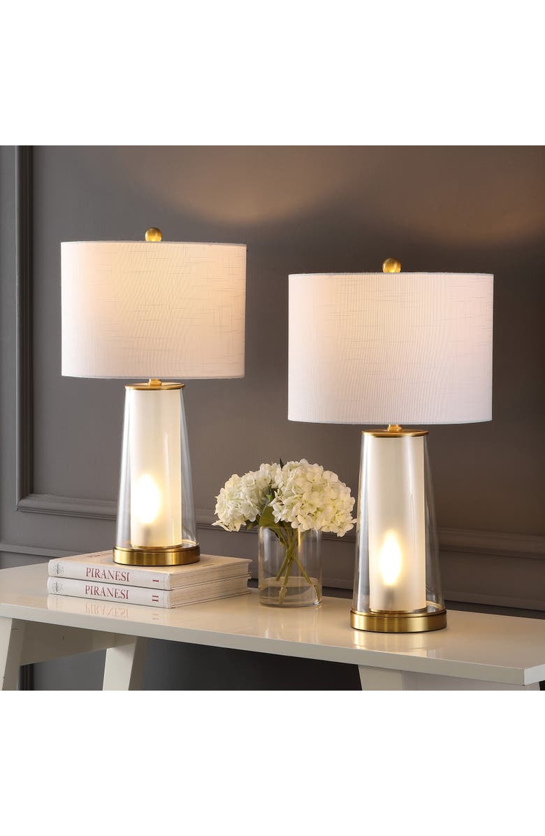 JONATHAN Y Tryon 26" Modern Minimalist Glass/Iron Nightlight LED Table Lamp, Alternate, color, Clear/Brass Gold