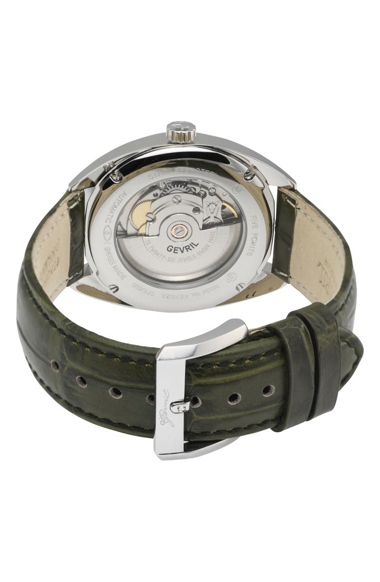 GEVRIL Five Points Swiss Automatic Croc Embossed Leather Strap Watch, 40mm, Alternate, color, Green