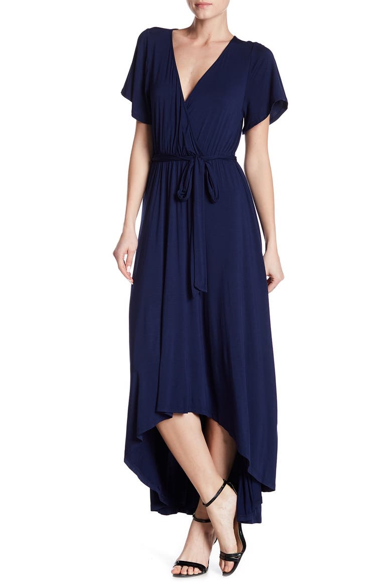 Flutter Sleeve High/Low Wrap Dress, Main, color, NAVY