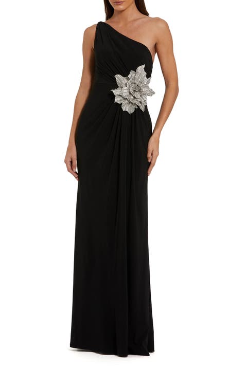 Women's One Shoulder Jersey Gown with Rhinestone Floral Appliqué