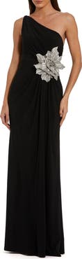 Mac Duggal Women's One Shoulder Jersey Gown with Rhinestone Floral Appliqué