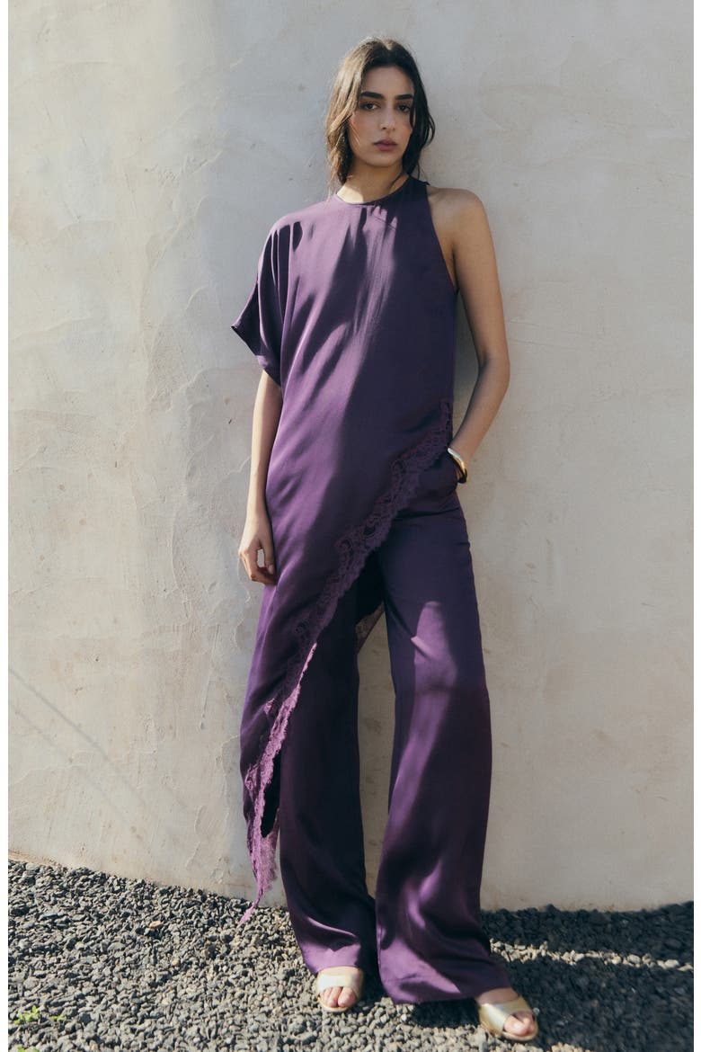Lace Trim Asymmetric Satin Top, Alternate, color, PURPLE