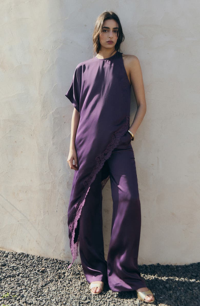 MANGO Lace Trim Asymmetric Satin Top, Alternate, color, 