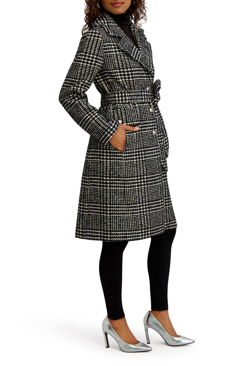 Kensie Plaid Trench Coat, Alternate, color, Black/ White