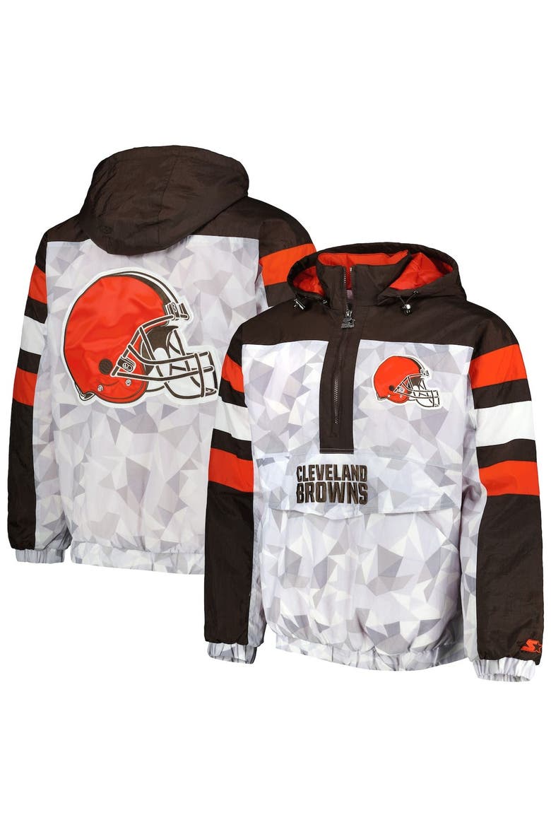Men's Starter White/Brown Cleveland Browns Thursday Night Gridiron Raglan Half-Zip Hooded Jacket, Main, color, White