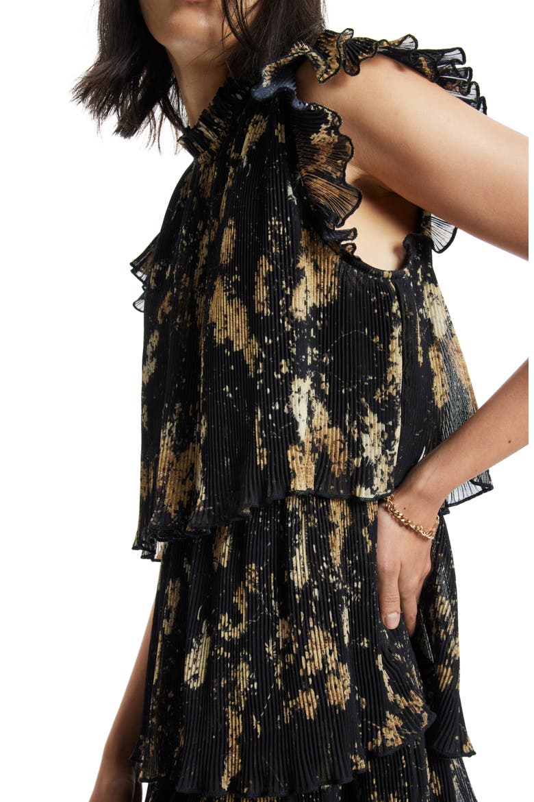 Antheia Tiered Plissé Dress, Alternate, color, BLACK GOLD