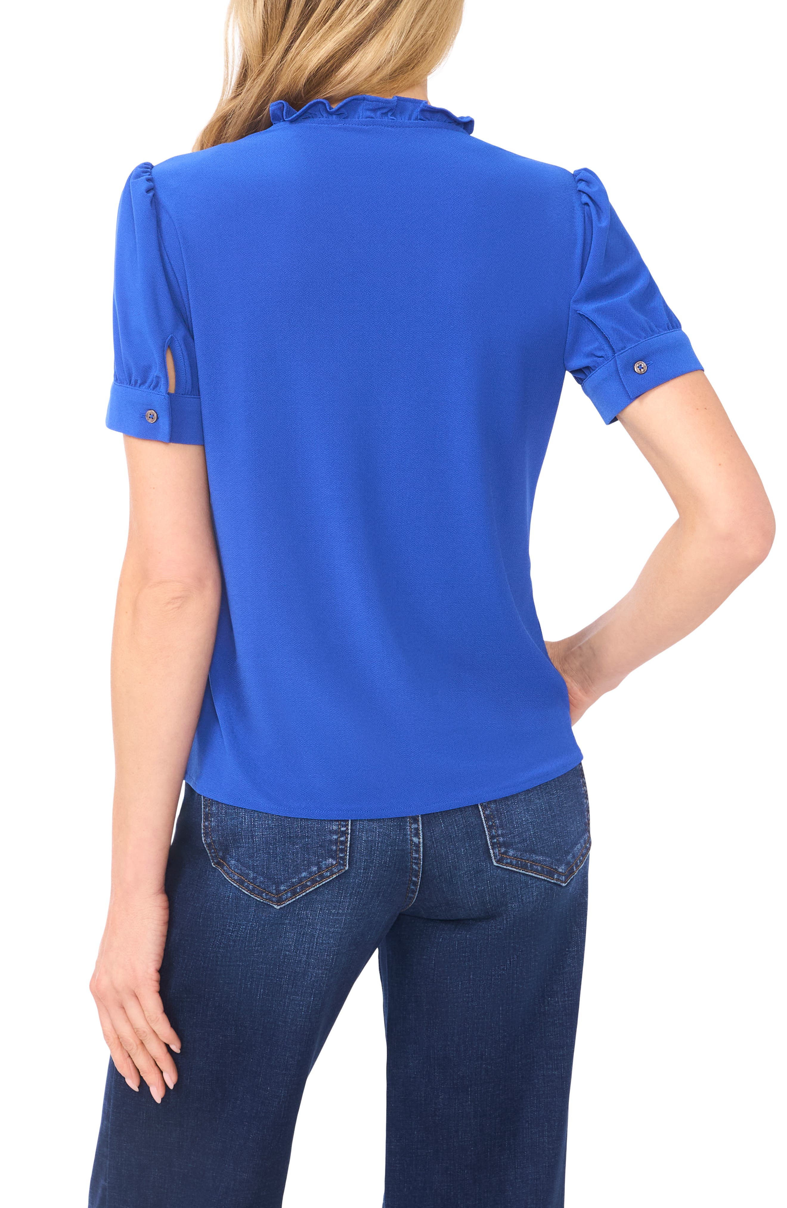 Ruffle Trim Crepe Knit Button-Up Top - image 2