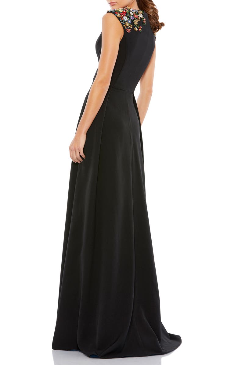 Ieena for Mac Duggal Plunge Neck Empire Waist Beaded Shoulder Gown, Alternate, color,