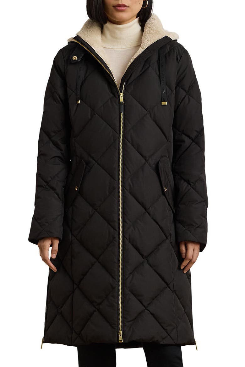 Diamond Quilted Hooded Coat, Main, color, BLACK