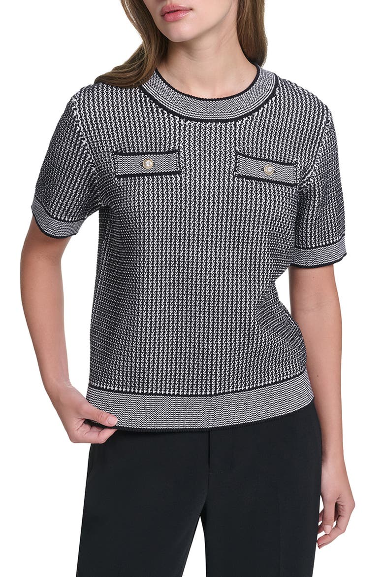 Short Sleeve Sweater, Main, color, BLACK/ SOFT WHITE