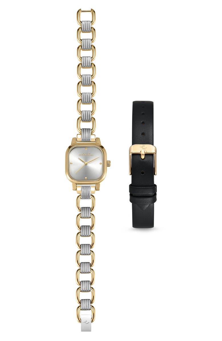 Ettika Classic Square Bracelet Watch & Leather Strap Set, Alternate, color, Black