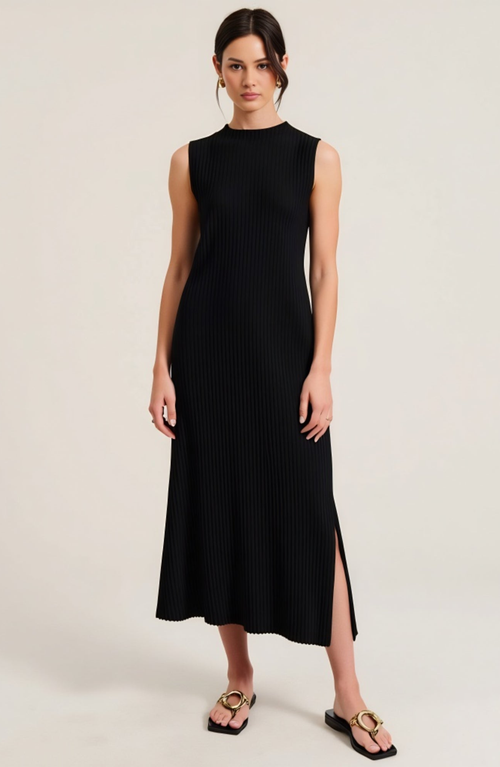 Modenaire Sleeveless Ribbed Knit Midi Dress With Side Slit And Crew Neckline In Black