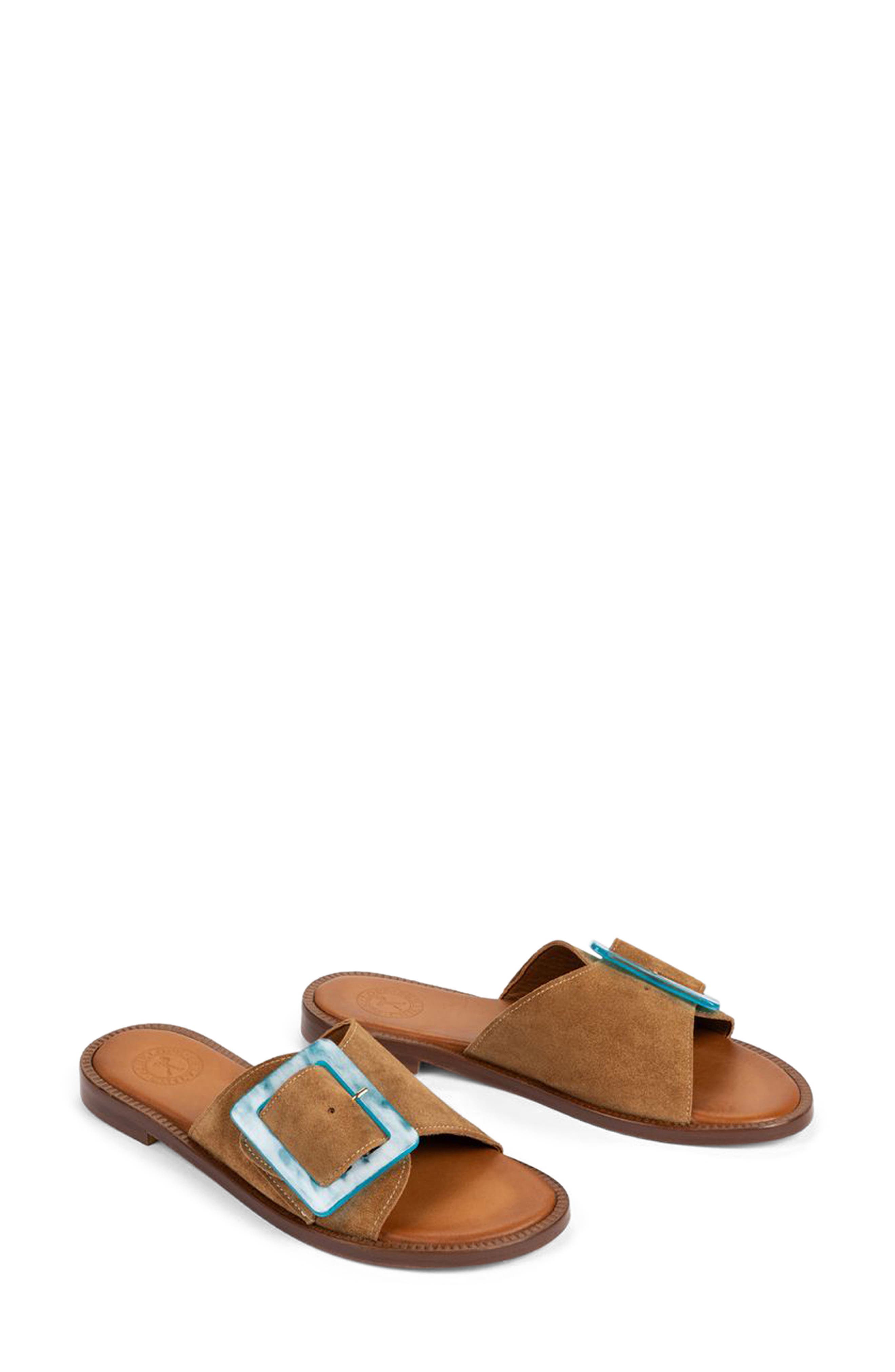 Biarritz Buckle Leather Slide Sandal, Alternate, color, TAN