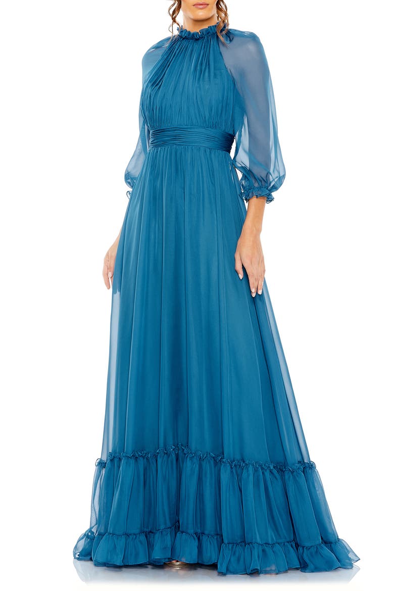 Sheer Sleeve Gathered Chiffon A-Line Gown, Main, color, OCEAN BLUE