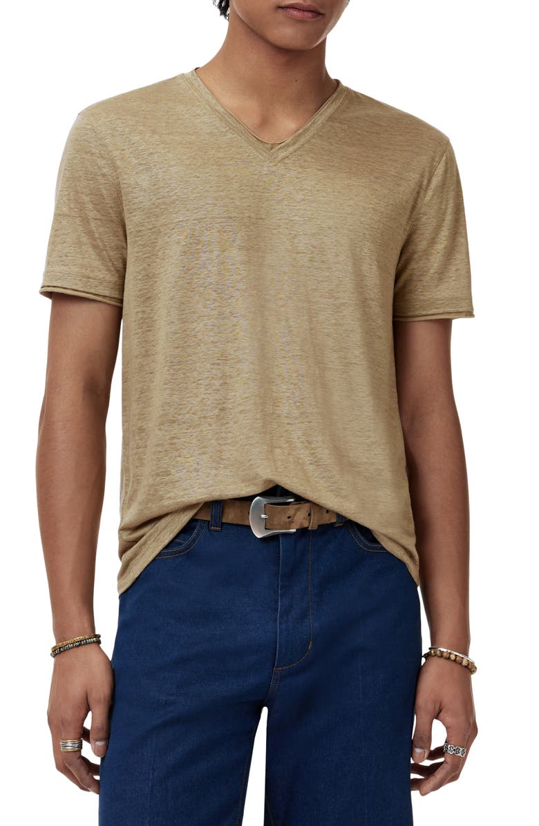John Varvatos Wooster Slim Fit V-Neck Burnout Linen T-Shirt, Main, color, Twig
