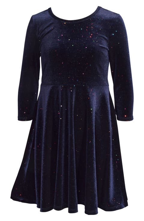 Kids' Glitter Long Sleeve Stretch Velvet Party Dress (Toddler & Little Kid)