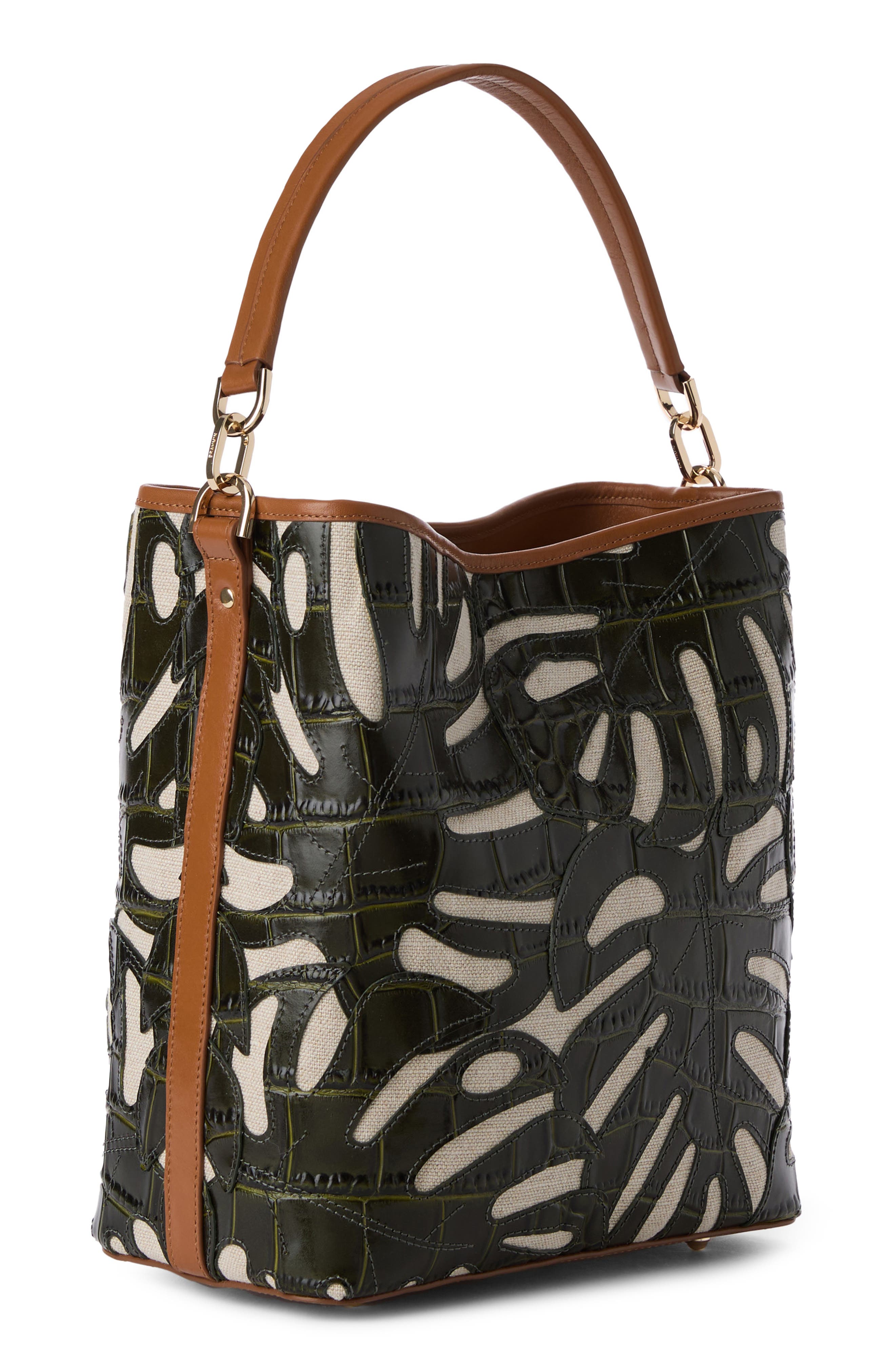 Brahmin Celina Croc Embossed Leather & Linen Bucket Bag, Alternate, color, 