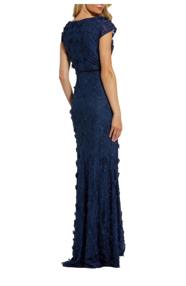 Mac Duggal Women'sFloral Applique Boat Neck Cap Sleeve Gown, Alternate, color, Midnight