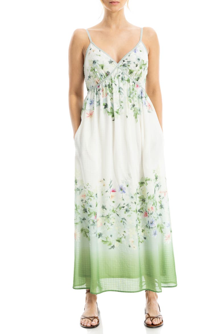 Watercolor Print Sleeveless Maxi Dress, Main, color, WHITE/ GREEN GARDEN MISTS