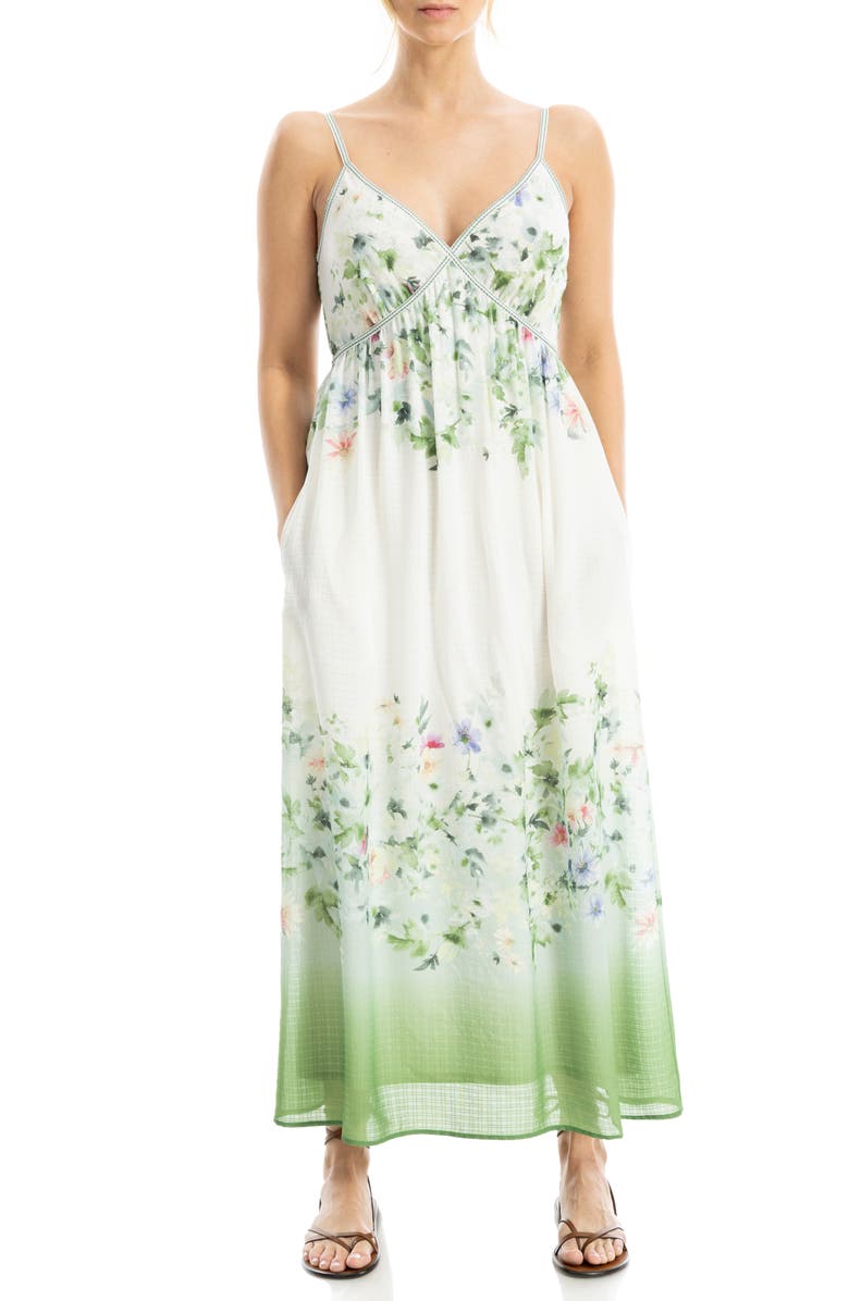 MAX STUDIO Watercolor Print Sleeveless Maxi Dress, Main, color, White/ Green Garden Mists