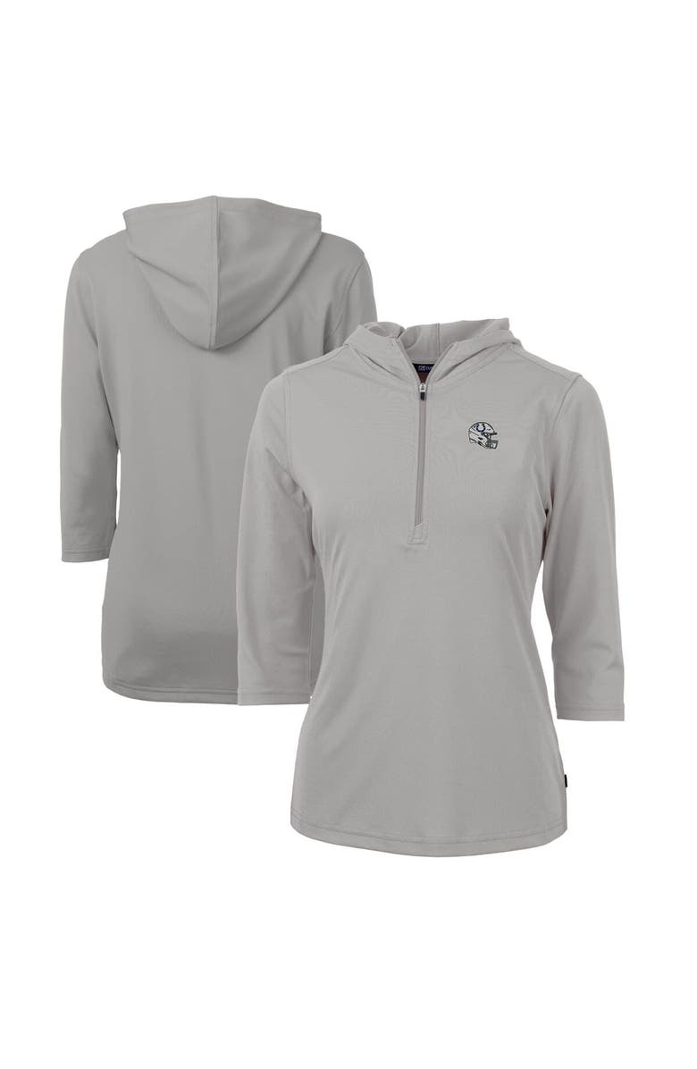 Cutter & Buck Women's Cutter & Buck  Heather Gray Indianapolis Colts Helmet Logo DryTec Virtue Eco Pique Recycled 3/4-Sleeve Half-Zip Pullover Hoodie, Main, color, 