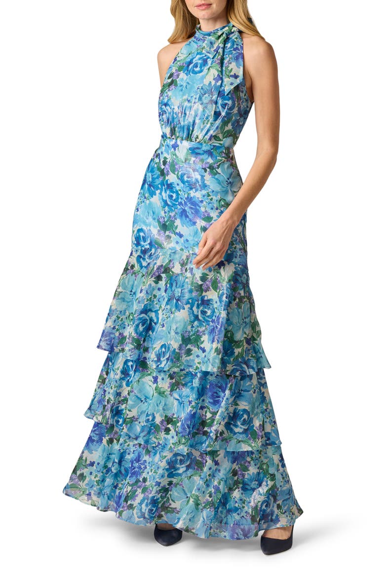 Metallic Floral Tiered Chiffon Gown, Main, color, BLUE MULTI