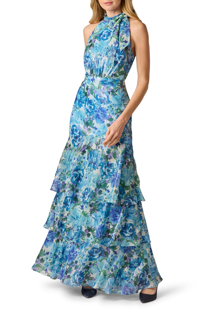 Adrianna Papell Metallic Floral Tiered Chiffon Gown, Main, color, Blue Multi