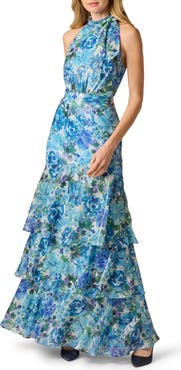 Adrianna Papell Metallic Floral Tiered Chiffon Gown