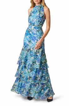Metallic Floral Tiered Chiffon Gown